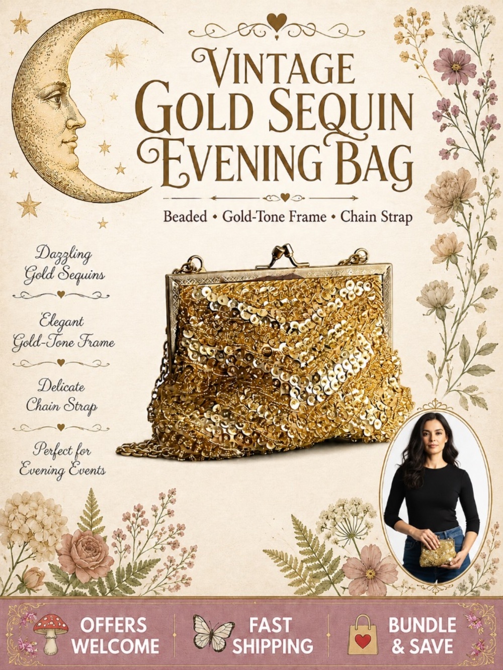 Vintage Gold Sequin Evening Bag Beaded Gold Tone Frame Chain Strap
